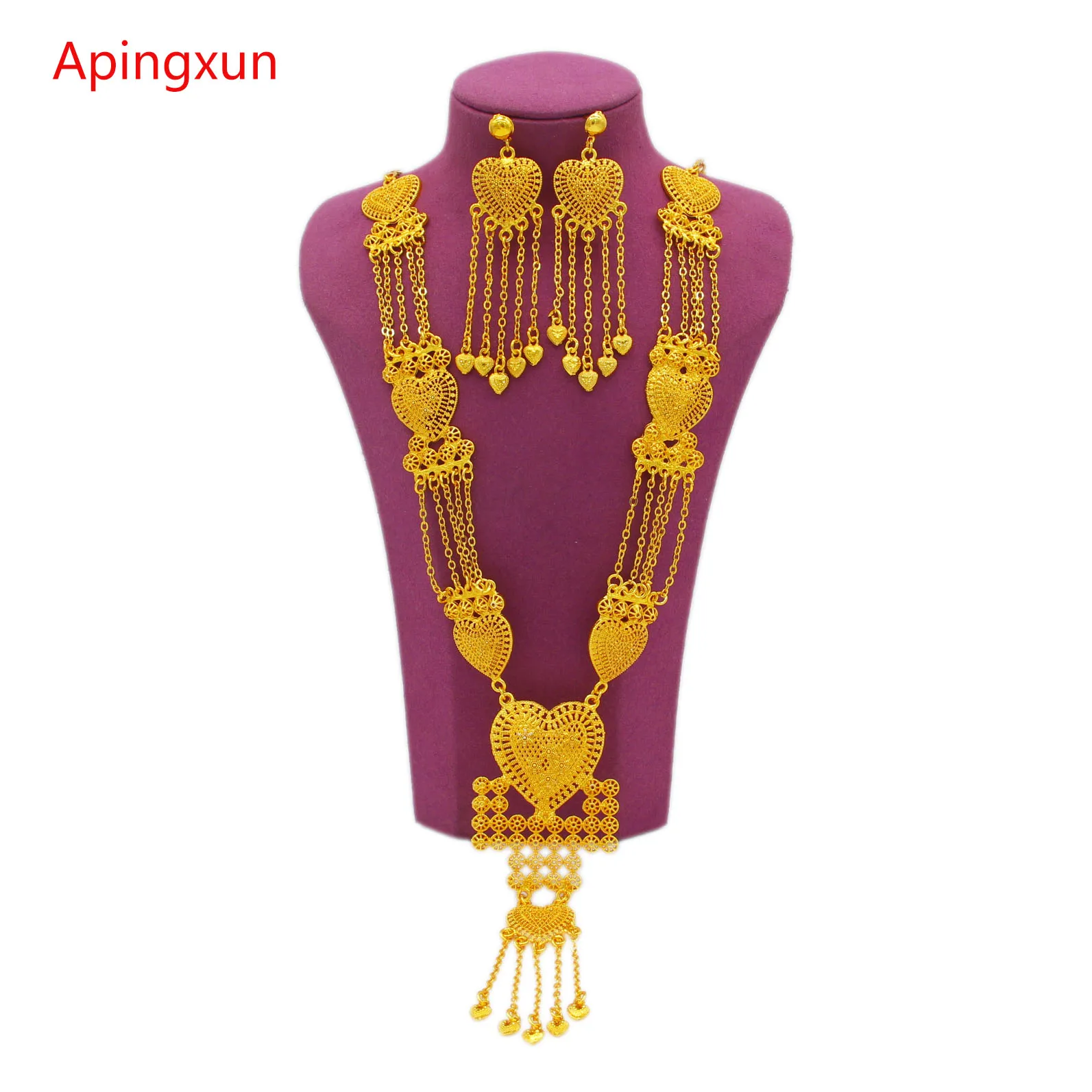 

Apingxun New Arrival 24K Gold Color Tassles Necklace&Earrings Jewelry Set African Australian Women Bridal Wedding Charm Jewelry