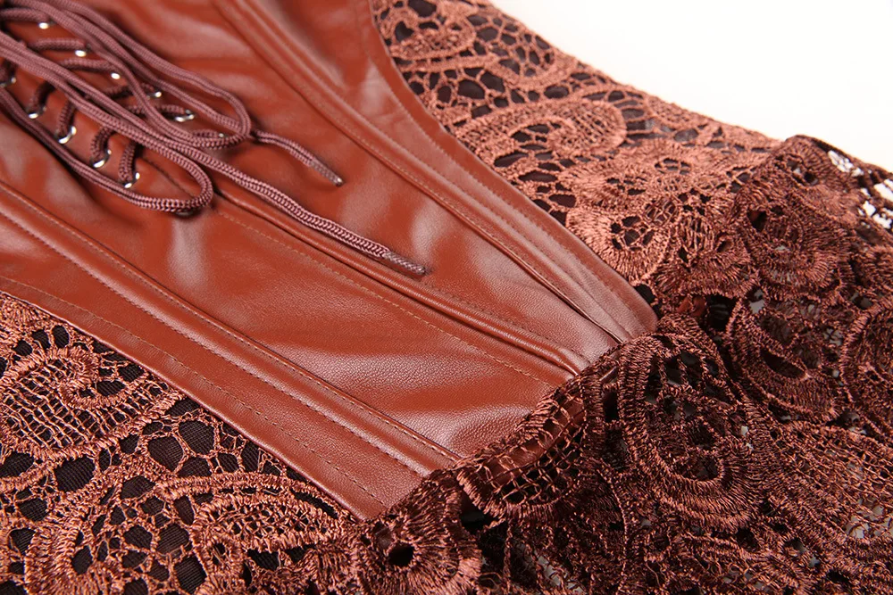 

Lace PU Leather Splice Body Shaper Women Slimming Shapewear Waist Sexy Lingerie Top And T String Set 2 Piece Suits Plus Size 6XL