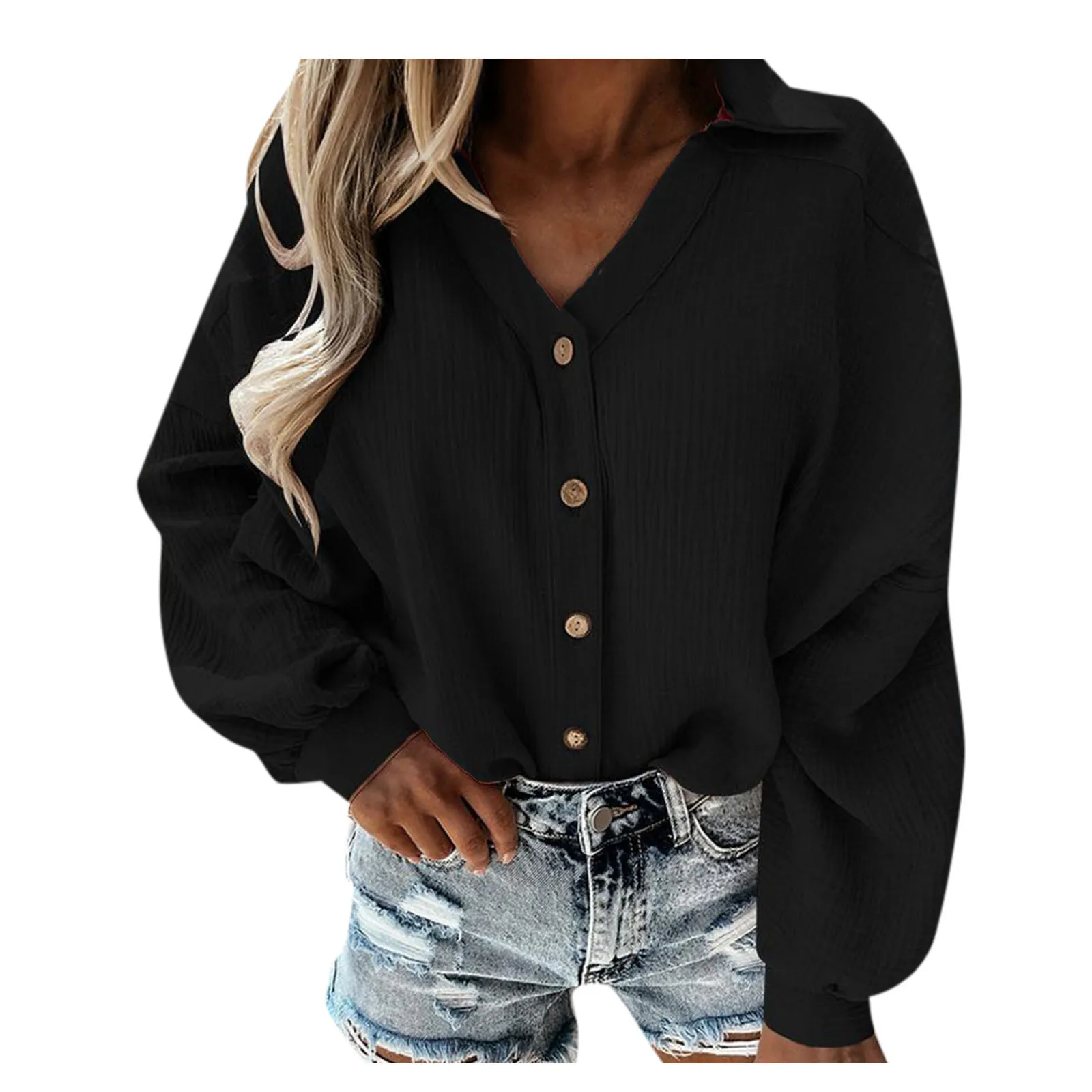 

Button Lantern Sleeve Women's Blouses Casual Solid Color Long Sleeve Female T-Shirts Loose V-neck Keep Warm Retro Lady Clothing