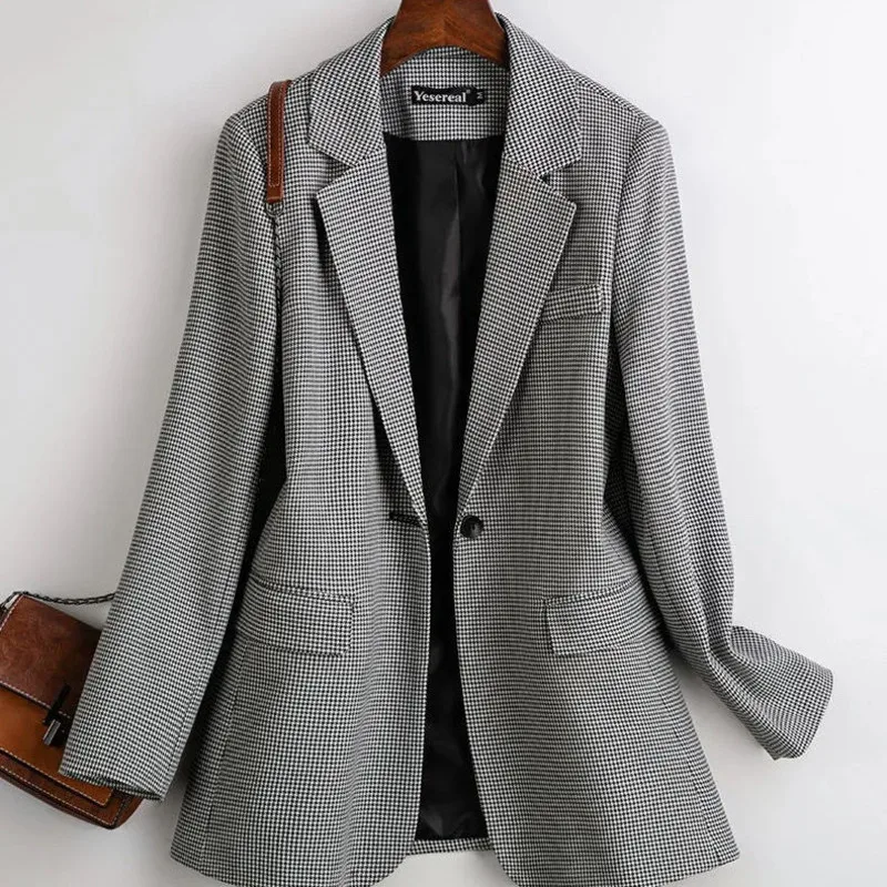 

PEONFLY Vintage Double Breasted Office Ladies Plaid Blazer Loose Single Button Coat Jacket Women Blazers Female Plus Size