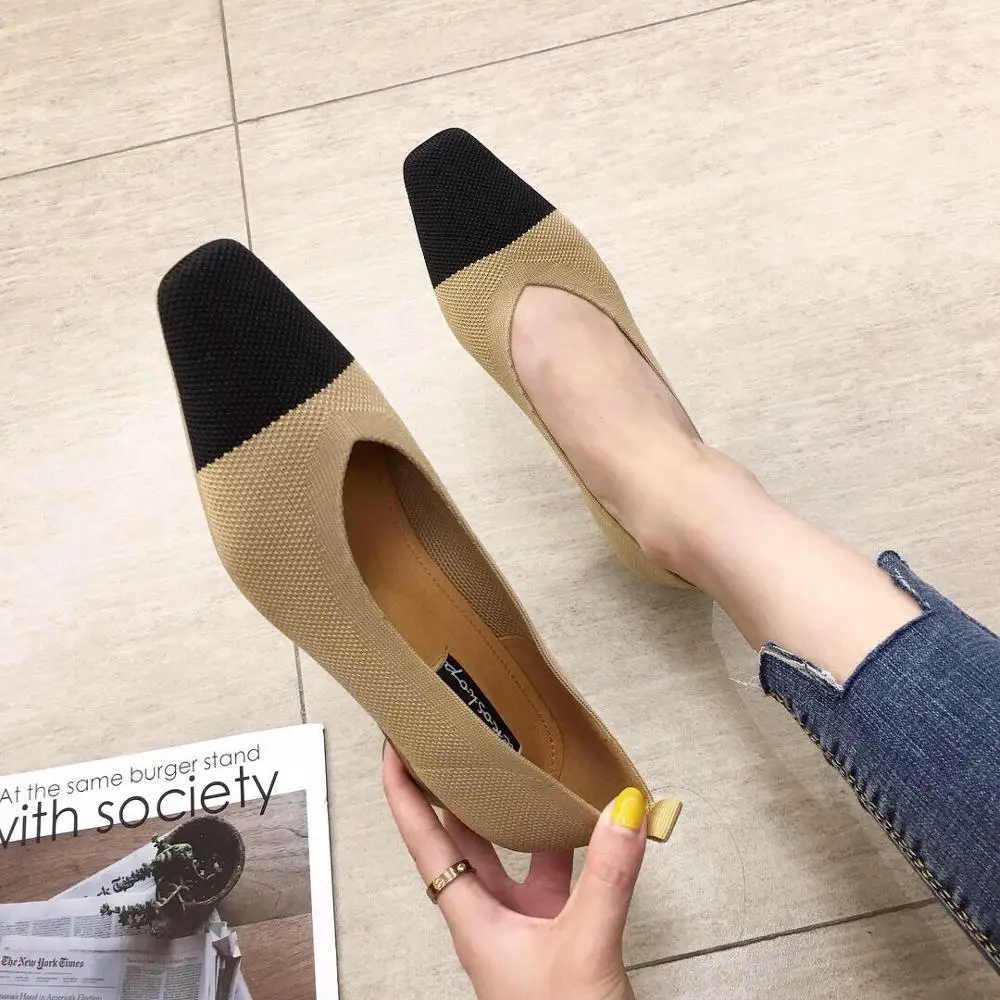 Новые женские туфли-лодочки sapato feminino; Дышащие Трикотажные Мокасины с острым носком и квадратным носком; Разноцветные лоферы; женская обувь с гибкой подошвой на каблуке