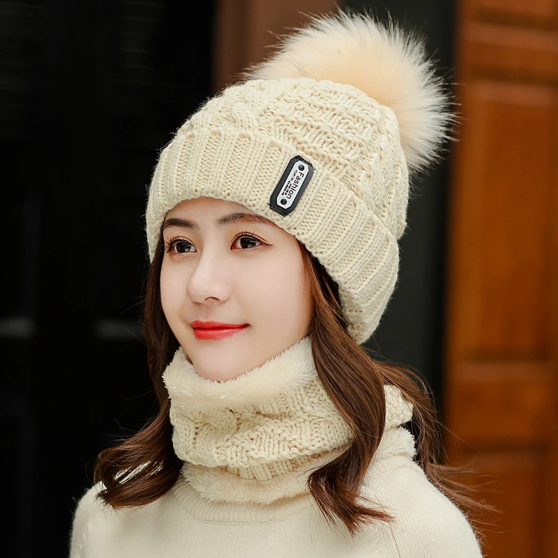 Отделкой кроличьей шерстью вязаная зимняя шапка шарф набор Для женщин толстые
