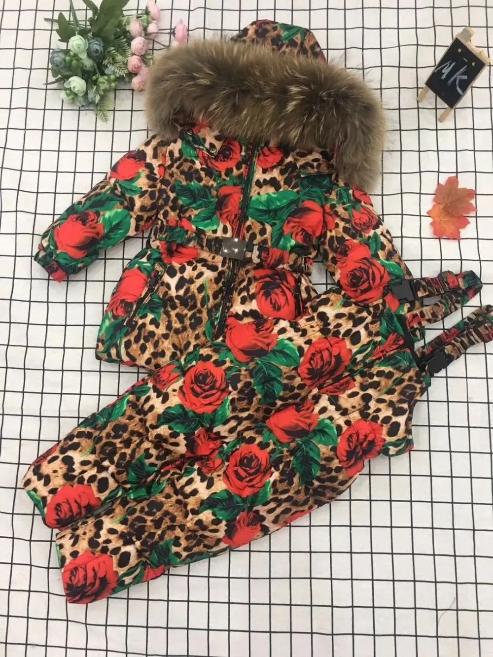 Real fur Winter Jacket child jackets children jumpsuit snow suit girl flower down romper ski suits outerwear