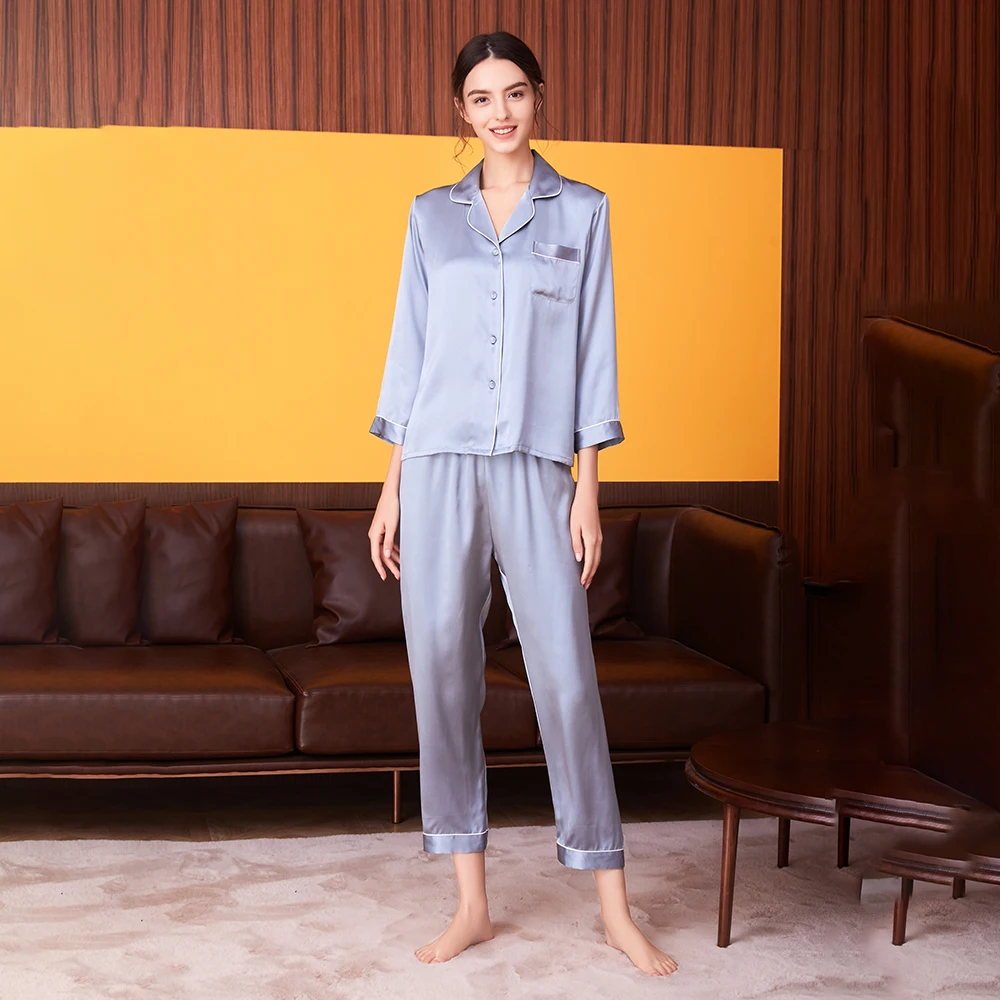 100% Silk Mulberry Silk Solid Long Sleeve Home Wear Cloths Women Pajama Suit T77166-1