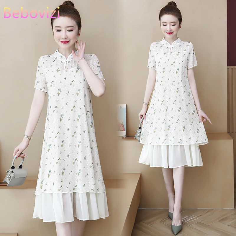 

Plus Size M-4XL Pink Chiffon Loose Fashion Modern Cheongsam Oriental Dress Women Short Sleeve Qipao Traditional Chinese Clothes