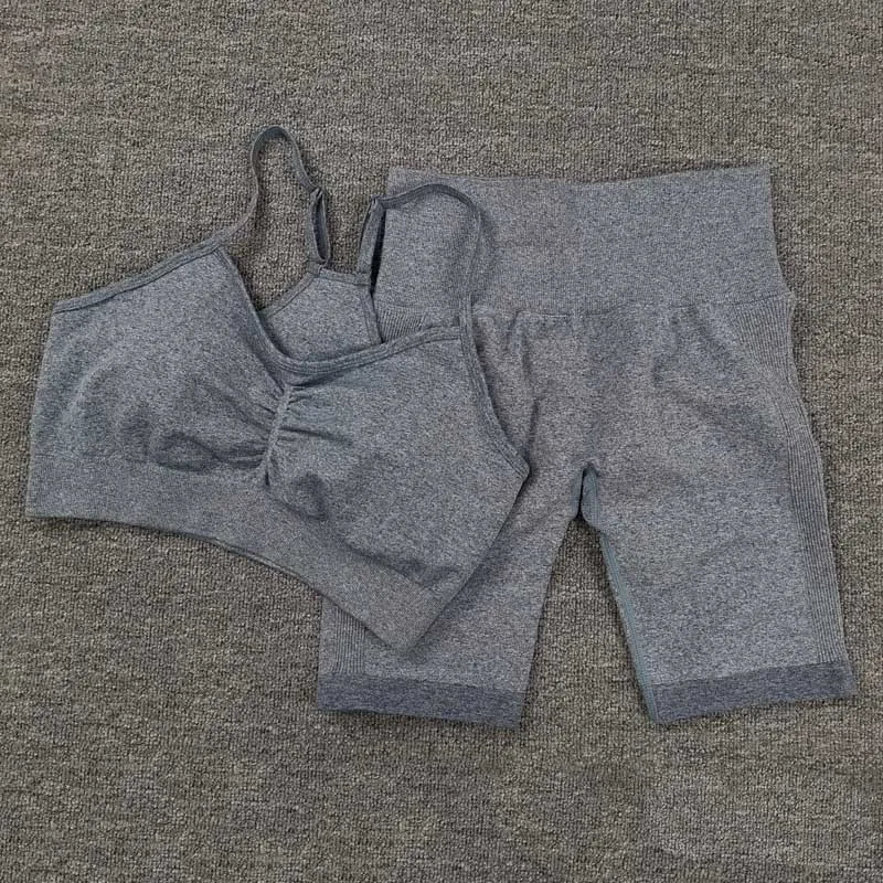 ASHEYWR Sport Suit Women Gym Fitness V Neck Bra High Elastic Waist Seamless Shorts Female Workout Tummy Control Yoga Suits