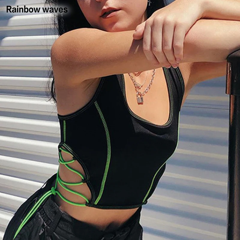 

Rainbowwaves Ladies Sexy Knit Lace Up Crop Top