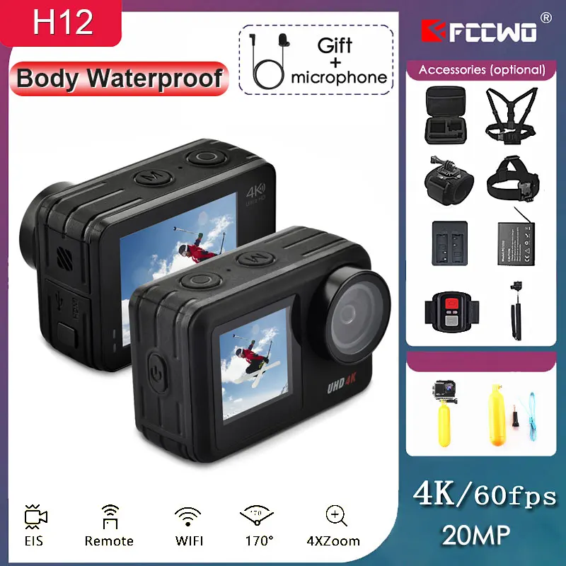 FCCWO original H12 Waterproof Action Camera 4K/60FPS 20MP LCD EIS Dual Screen WiFi Webcam Helmet Sports Video Cam go Sport pro |