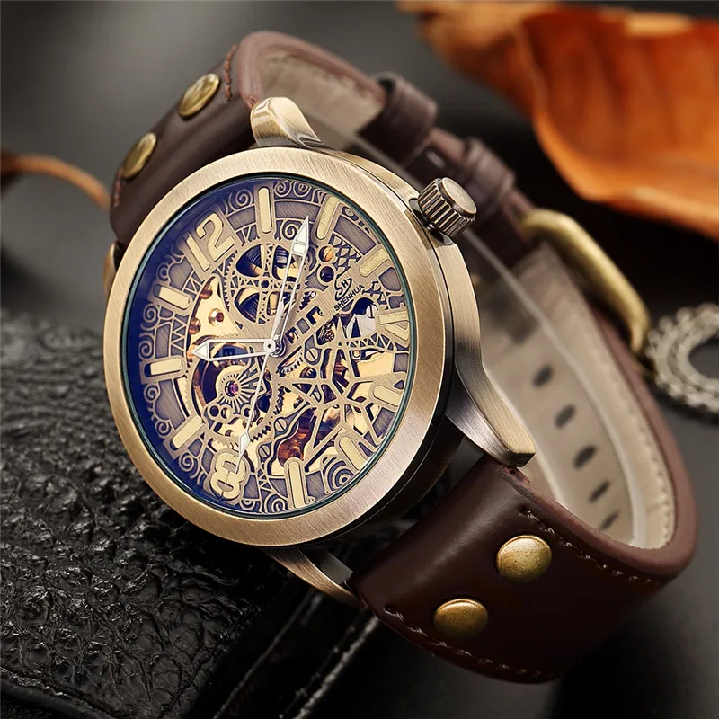 relogio Masculino Men Watch Automatic Mechanical Skeleton Male Clock Top Brand Luxury Antique Bronze Sport Military Wristwatch | Наручные