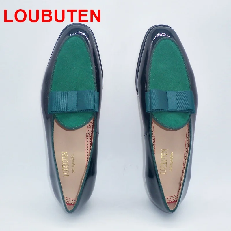 LOUBUTEN Black Patent Leather Shoes Men Bowtie Loafers Patchwork Green Suede Boat Dress Slip-on Wedding | Обувь