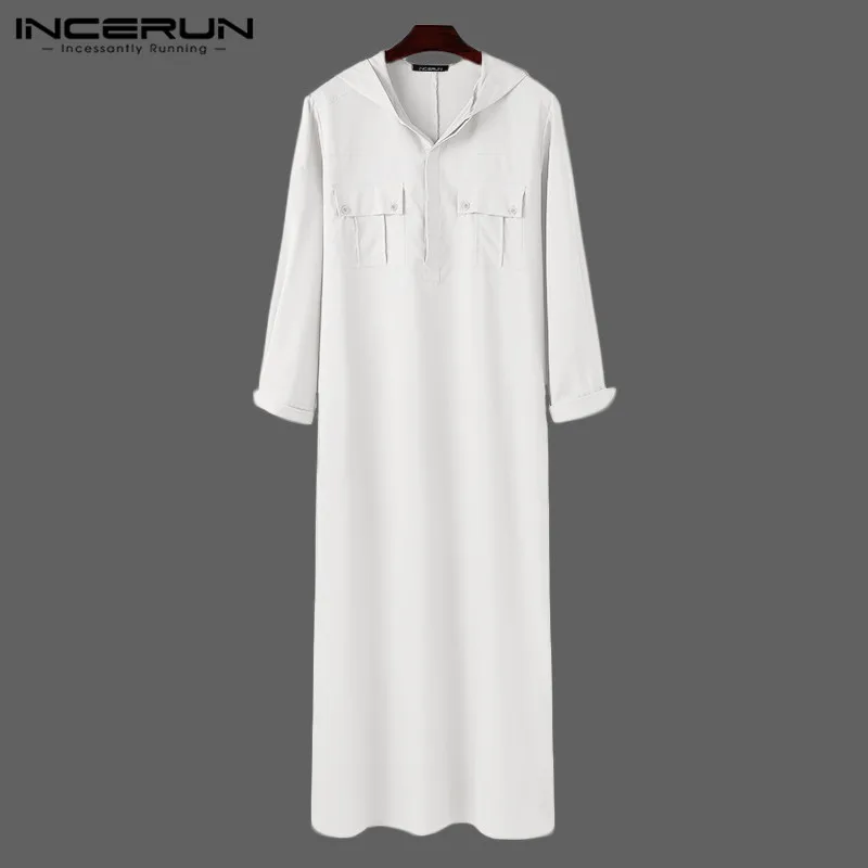 Solid Muslim Robes Mens Long Sleeve Buttons Jubba Thobe Men Autumn Hooded Mult Pockets Kaftan Islamic Clothing S-5XL INCERUN 7