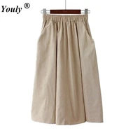 midi skirt women fashion elastic waist side pockets ruched sun falda female casual loose solid color empire a line cotton skirt