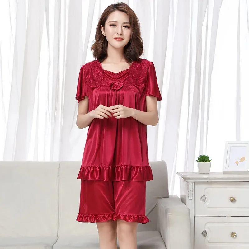 

Big Size 5XL Satin Silk Pajamas Set Women's Pajamas Short Sleeve Set Round Neck Nightwear Homewear Sleepwear 100 kg
