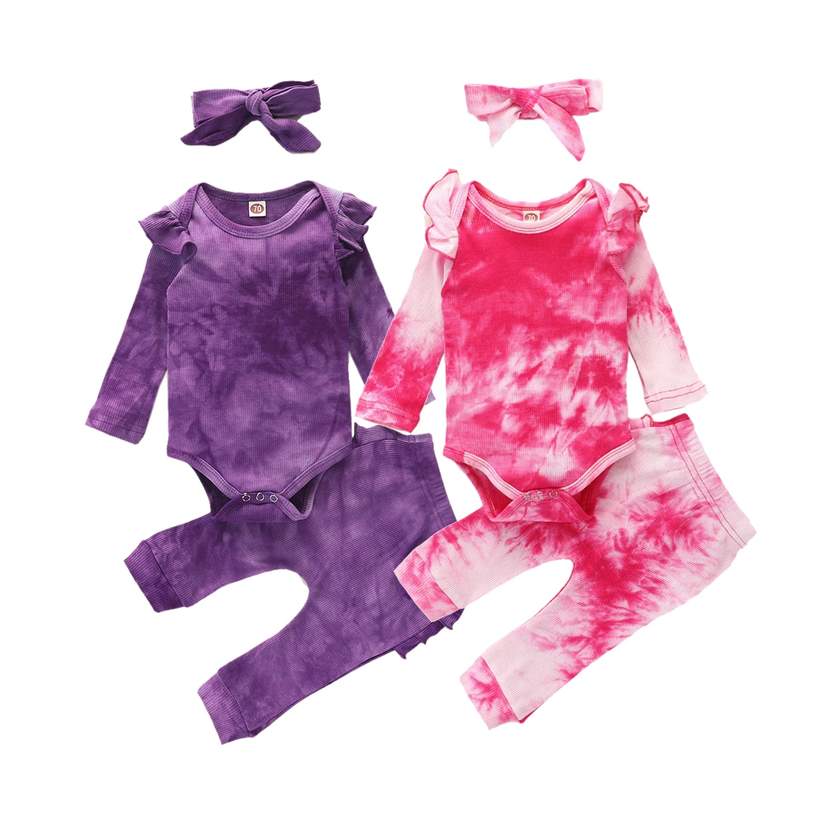 

Newborn Baby Girls Clothes Long Sleeve Tie Dye Print Rompers+long Pants+headband Infant Baby Girls Knitted Casual 0-24 Months