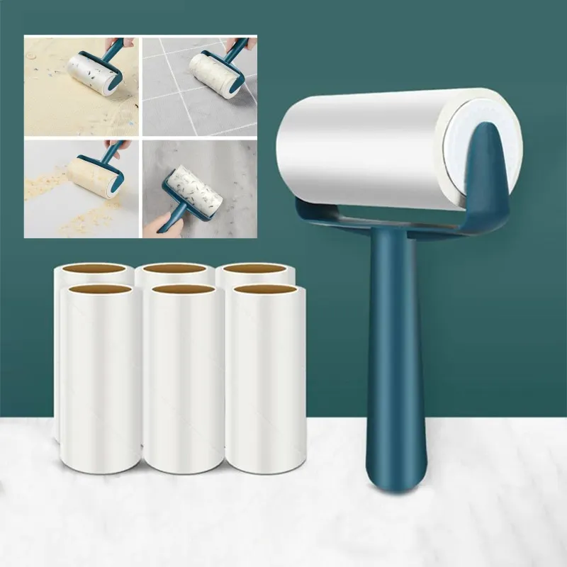 

New Tearable Roll Paper Sticky Roller Dust Wiper Pet Hair Clothes Carpet Tousle Remover Portable replaceable Cleaning Brush Tool
