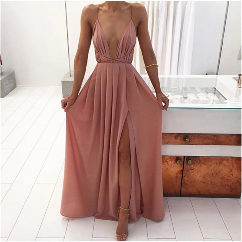 

Summer V-Neck Sleeveless High Waist Long Dress Sling Open Back Women Chiffon Long Dress A-Line Bohemian Party Dress