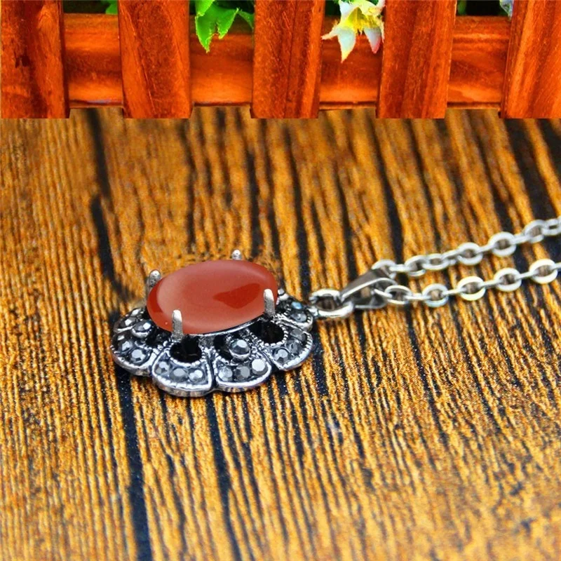 Vintage Agate Jewelry Set Natural Stone Necklace Earring Rhinestone Flower Antique Sliver Plated For Fashion | Украшения и