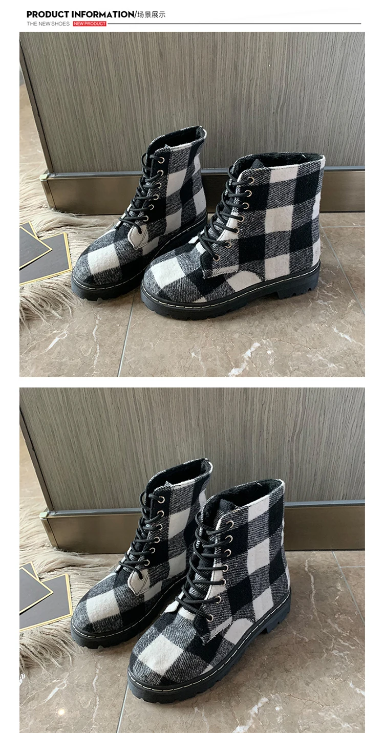 Winter Luxury Designer Patchwork Plaid Boots British Style Women Thick Heels Martin Boots Chic Plus Velvet Ladies Lace Up Shoes