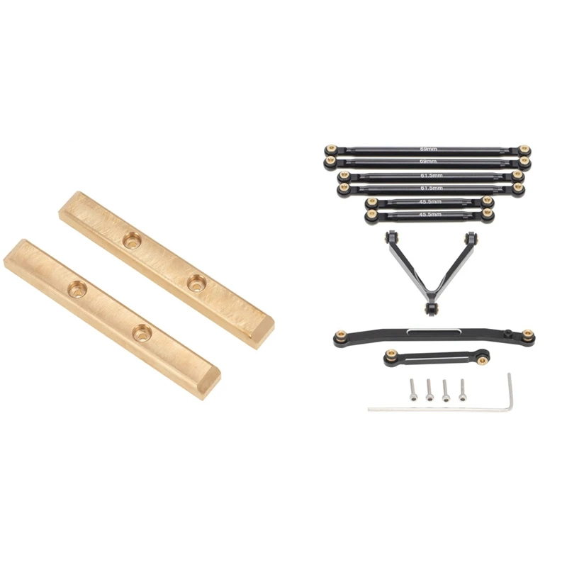 

2 комплекта детали для автомобиля на радиоуправлении: 1 комплект передних рулевых тяжек, комплект тяжек и 1 шт латунных боулдеров, рок-рейки