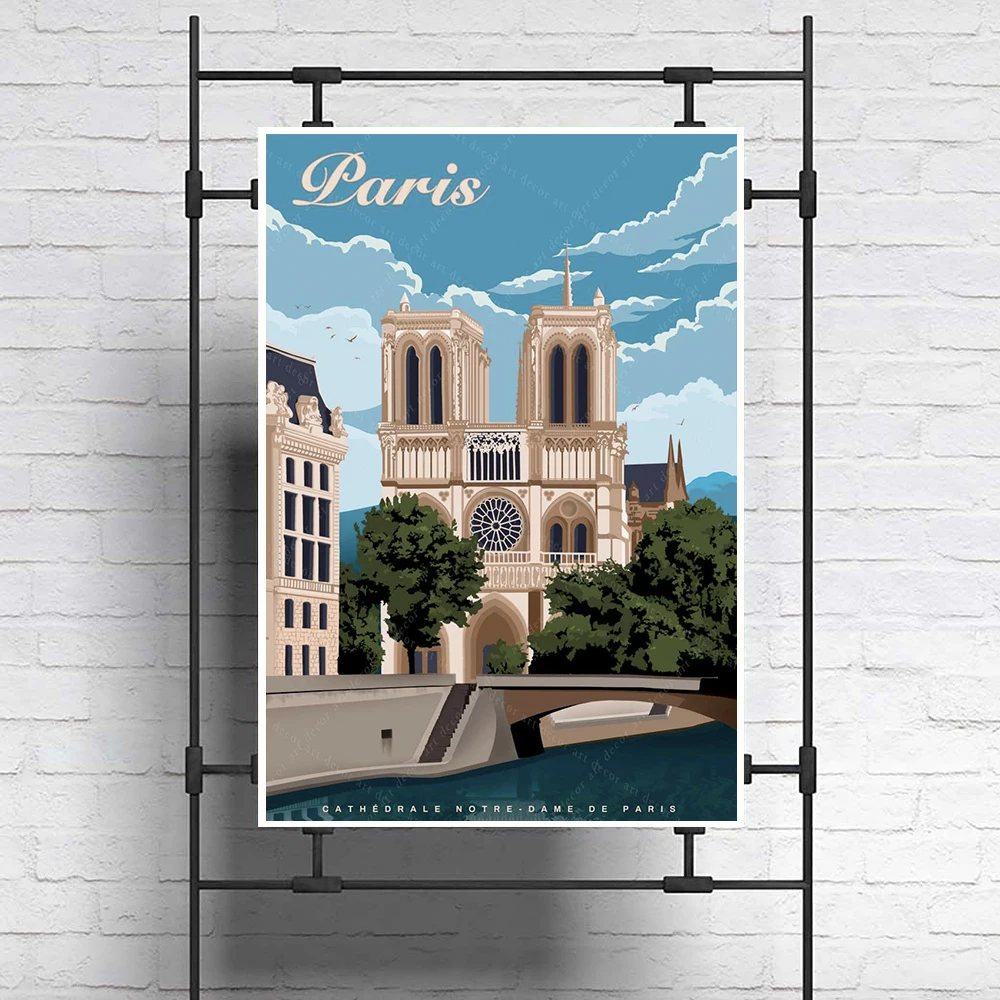 

France Notre-Dame de Paris Vintage Travel Poster Canvas Painting Kraft Posters Coated Wallsticker Art Print Home Decor Gift