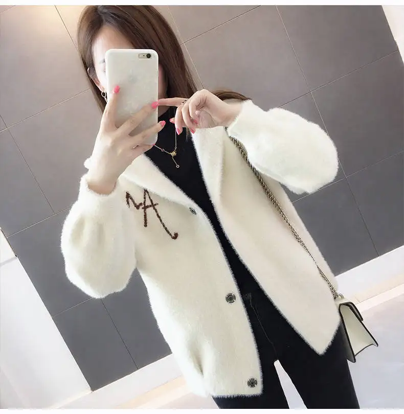 Women Mink Fur Jacket Autumn Winter Women Coat Loose Embroidered Thick Velvet Hooded Sweater Female Cardigan