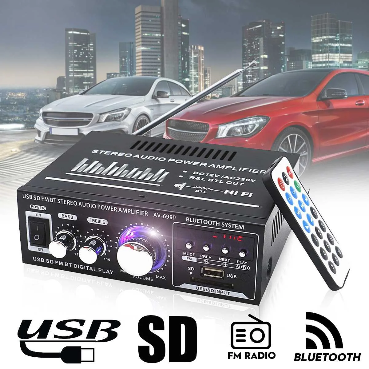 

Car Bluetooth HiFi Amplifier LED Display Stereo Surround Karaoke Digital Amp Cinema Lossless Audio Processor Subwoofers Speakers