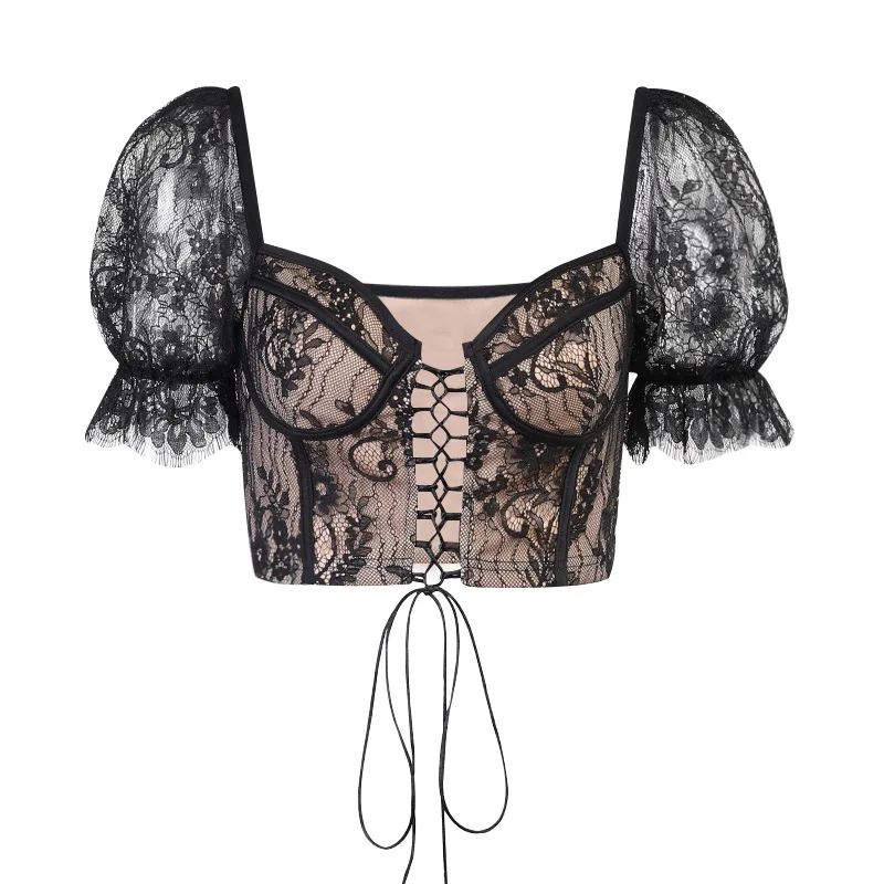 

2021 Female Summer Crop Tank Top Women Fashion Deep V Lace Bras Black color Floral Tank Top Bra Wrapped Chest Slim Camisole