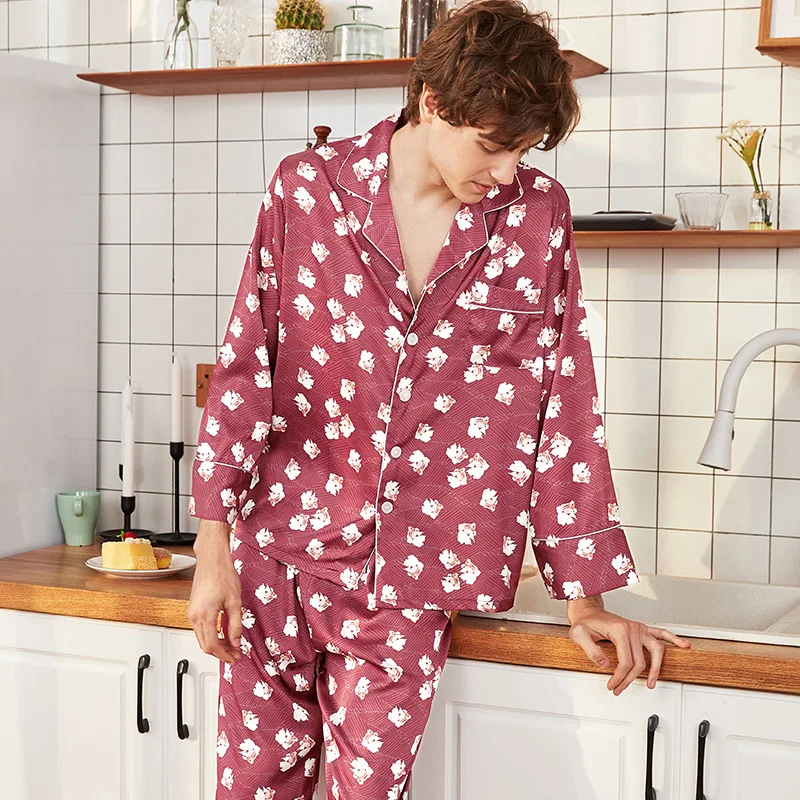 Шелковая пижама с принтом для мужчин Сезон весна лето Платье длинными рукавами