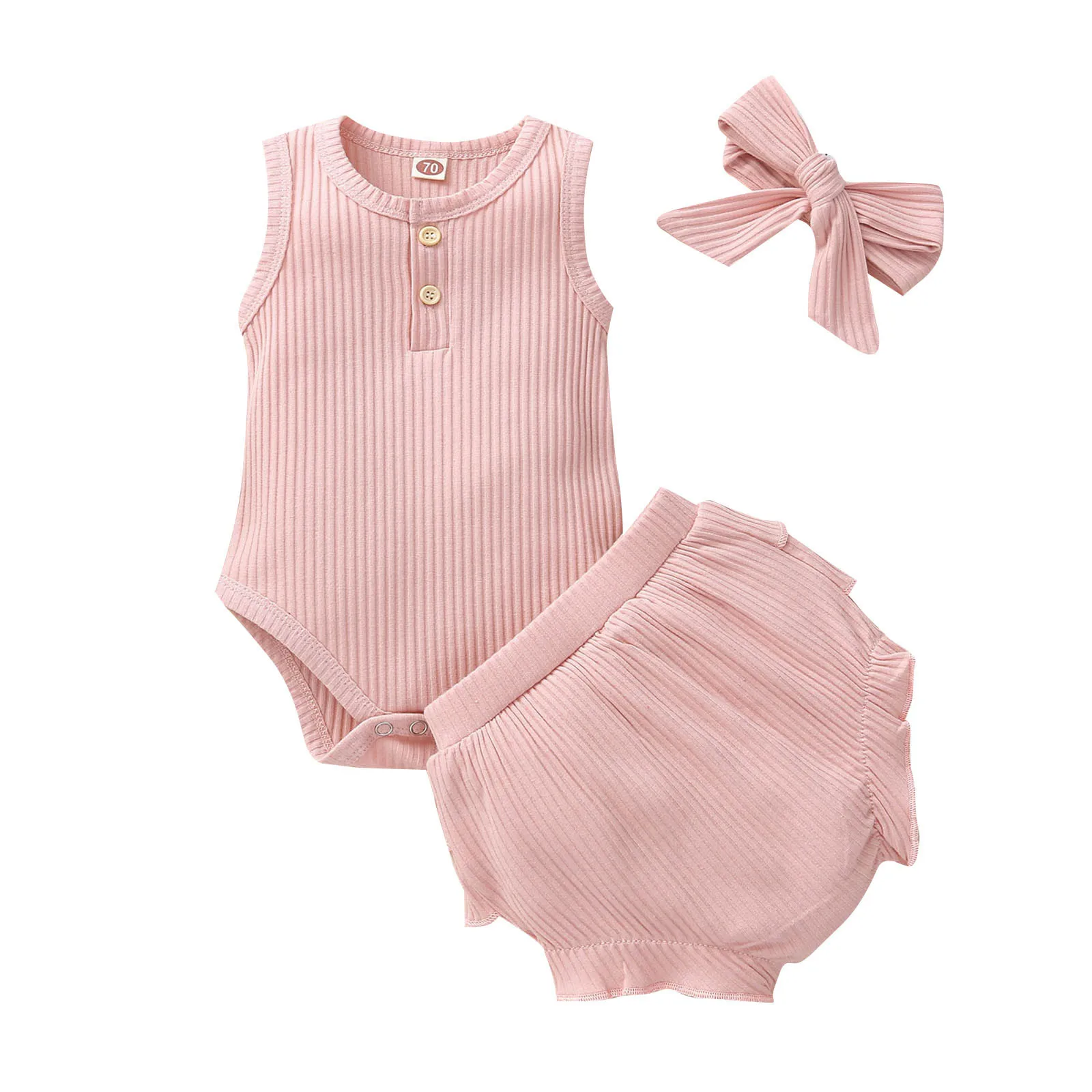 

2021 New Baby Kids Baby Baby Stylish Sweet Simple Sleeveless Solid Striped Skirt Shorts Hairband Set