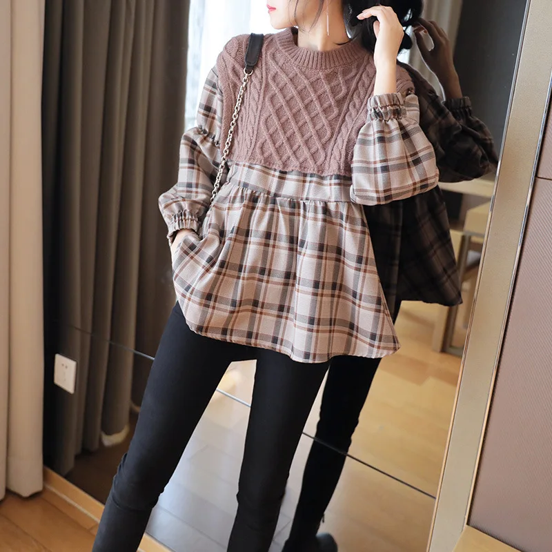 

TVVOVVIN Sweater Women's Loose Pullover Knitted Winter Wear O-neck Splicing Plaid Fashion Lantern Sleeve Tops F129