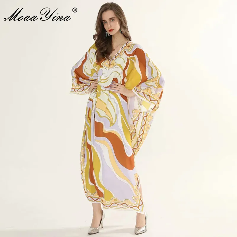 

MoaaYina Fashion Designer Runway dress Spring Summer Women Dress V Neck Batwing Sleeve Geometry Print Plus Size Maxi Dresses