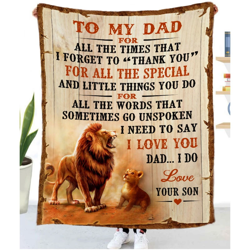 

A Gift To My Son/Daughter/Dad/Mom Letter Blanket Lion Pattern Soft Flannel Throw Blanket On Sofa Bed Birthday Christmas Gift