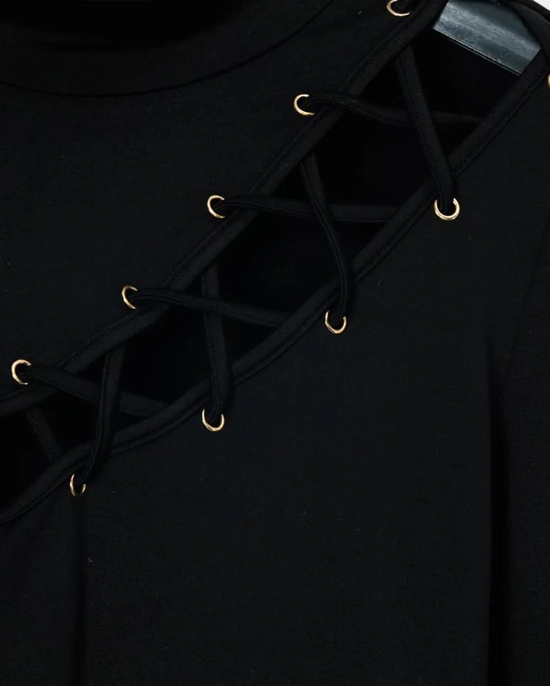 

2020 Women Sexy Hollow Out Slim Fit Long Sleeve Casual Round Neck T-Shirt Black Tops