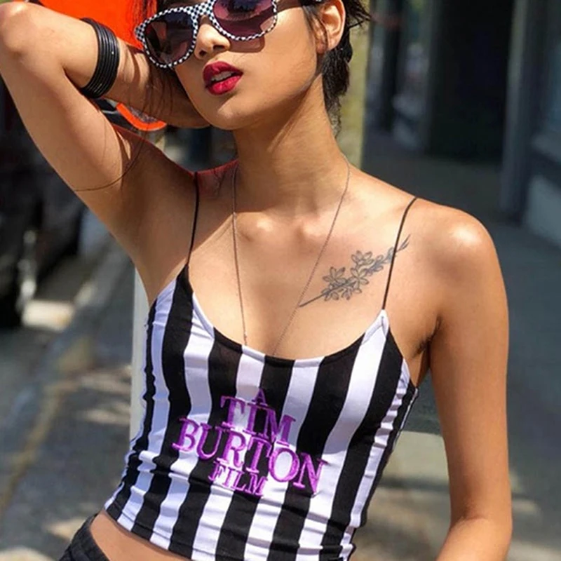 

Letter Embroidery Women Sexy Crop Top 2020 Summer Sleeveless Skinny Camis Stripe Camisoles Tim Burton Woman Clothes
