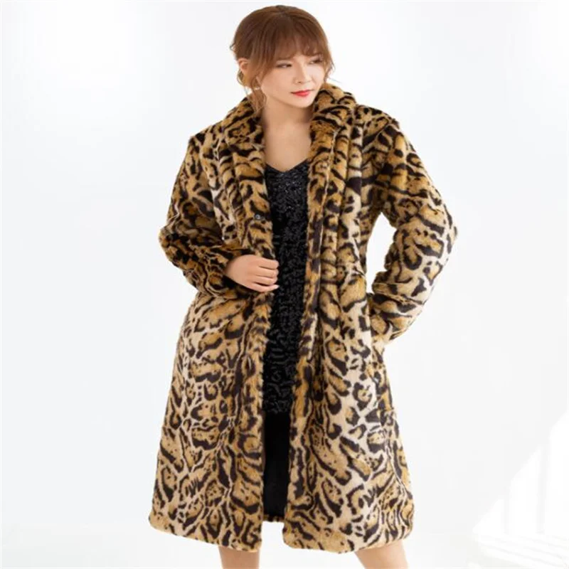 Korean leopard-print mink fur coat women's long windbreaker plush jackets thickening leisure autumn winter new clothes yellow