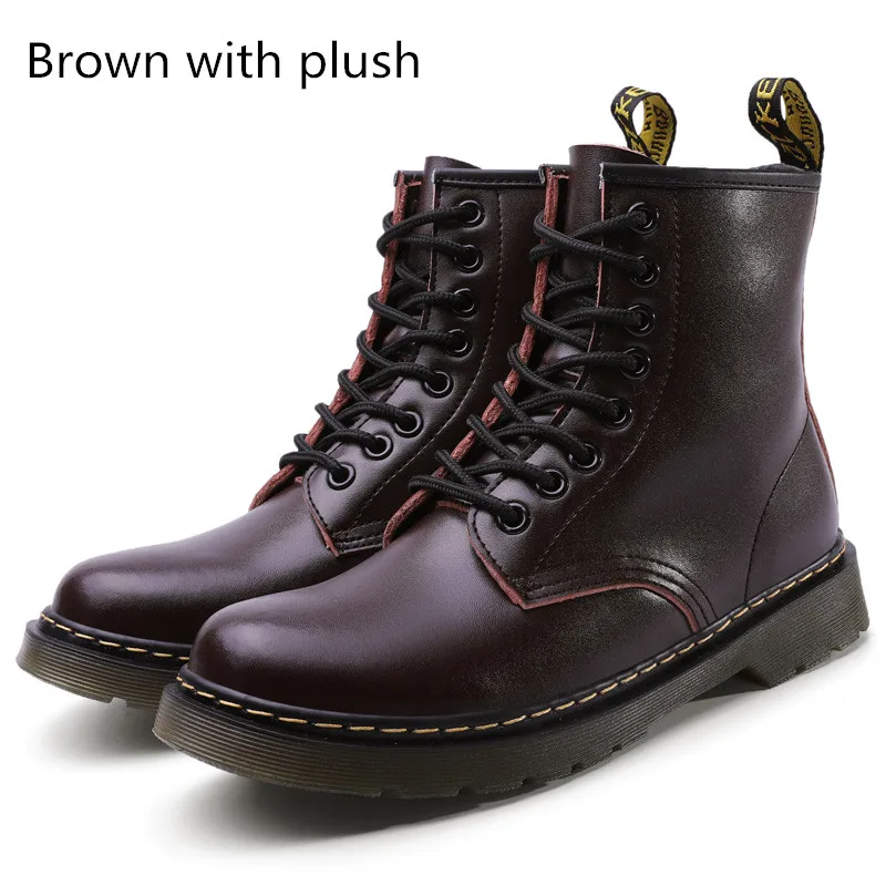 brown plush Ботинки; женские ботильоны из натуральной кожи; Мужская обувь в байкерском стиле унисекс; цвет белый, синий, зеленый; Наивысшее качество; большие размеры 35-47 - Цвет: brown plush