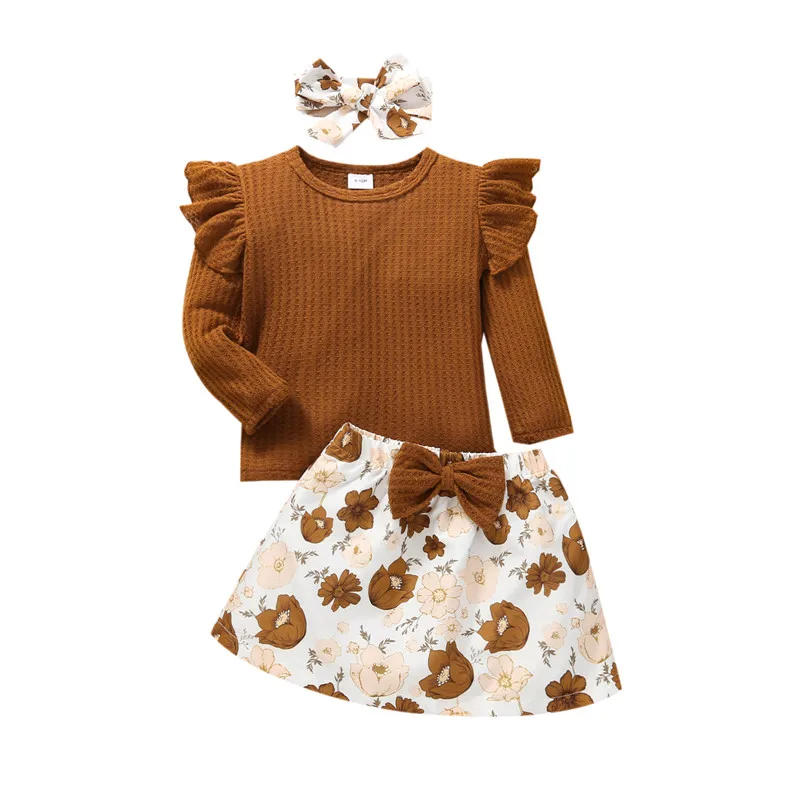 

Осенне-Весенняя коллекция из 3 предметов для маленьких девочек, топы с круглым вырезом и мини-юбка с цветочным принтом и повязка на голову дл...