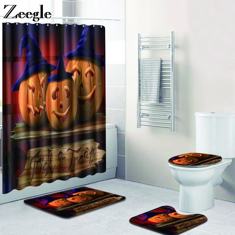 Zeegle Halloween Bath Mat Set with Shower Curtain Absorbent Toilet Pedestal Rug Foot Anti Slip Bathroom Doormat | Дом и сад