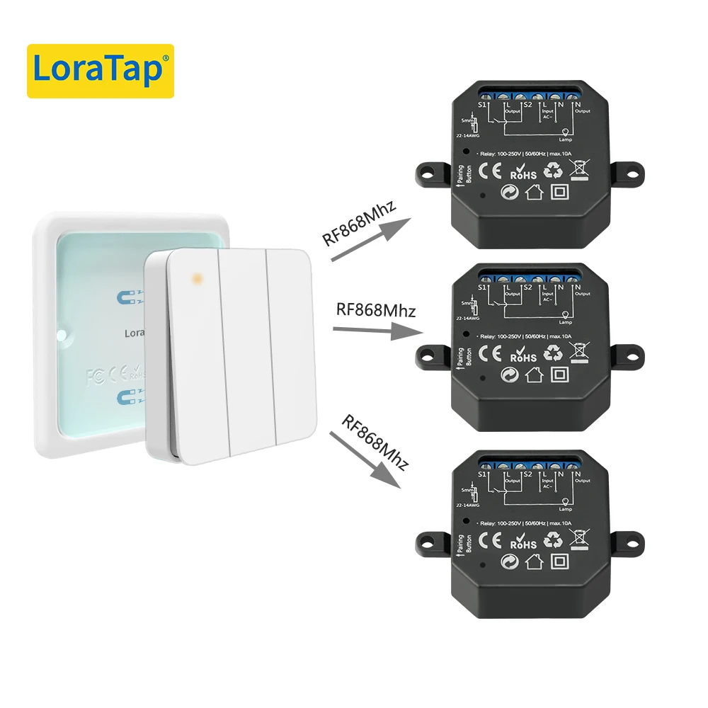 LoraTap 868Mhz Magnetic Smart Light Switch LED Push Button Wireless Remote Control AC100~250V 10A 1 CH Relay Controller for Lamp |