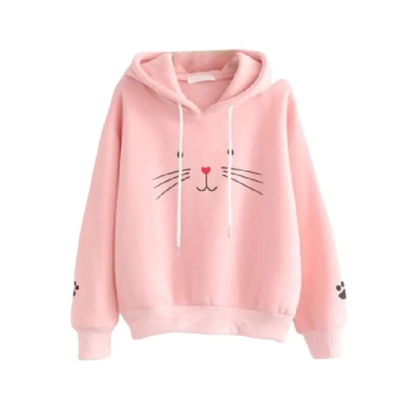 

Women Long Sleeve Drawstring Hoodies Cute Cartoon Meow Cat Paw Printed Sweatshirt Thick Lining Harajuku Pullover Tops