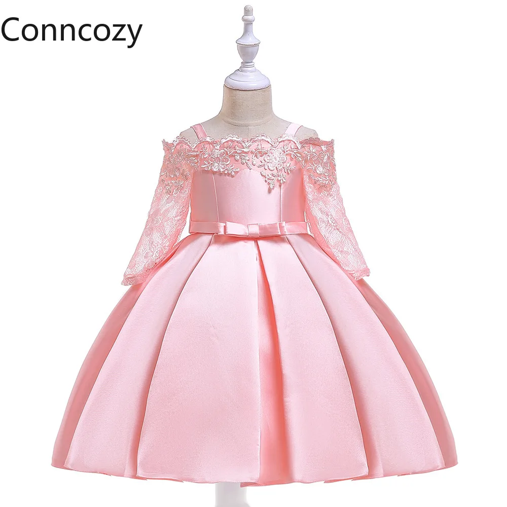 

New Ball Gown Girl Dress Off-shoulder Lace 3/4 Sleeve Dress Kids Christmas Party Princess Dress Girls Satin Performance Dresses