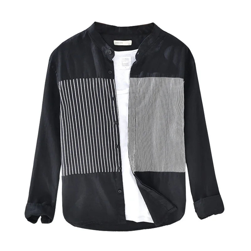 

1929 Men Spring Summer Fashion Japan Style Vintage High Quality 100% Linen Long Sleeve Striped Patchwork Slim Casual Shirts Male