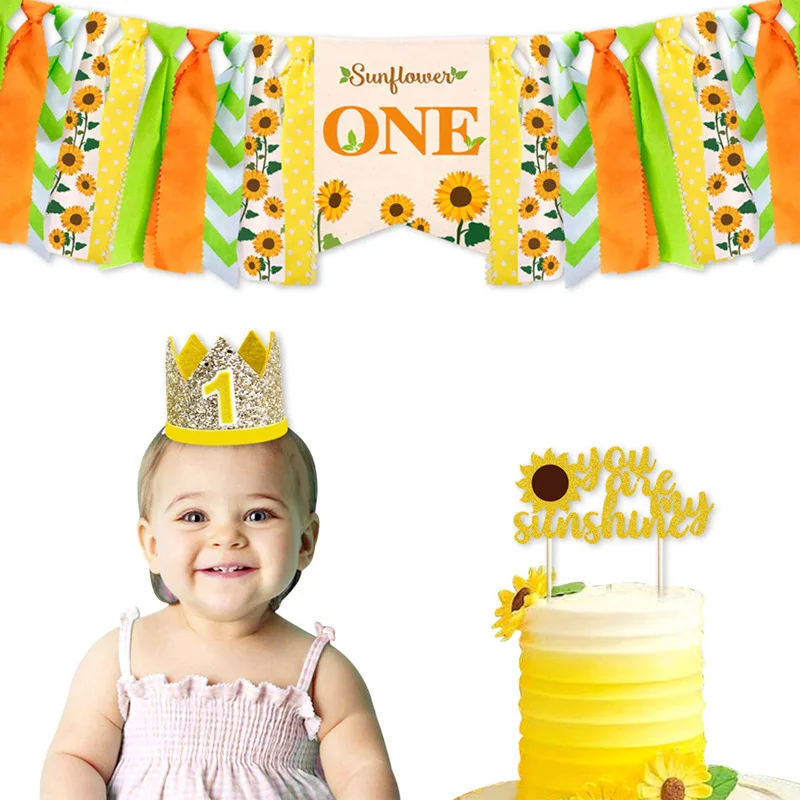 

Подсолнухи, высокий стул, баннер, корона на первый день рождения ребенка, украшения на 1-й день рождения для мальчика, девочки, товары для дня ...