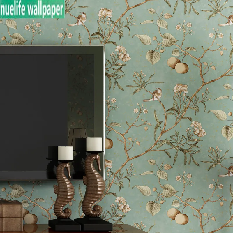 

American country rustic non-woven wallpaper retro green apple tree flowers and birds bedroom living room TV background wallpaper
