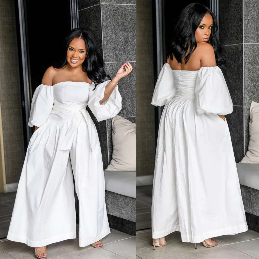 

Women's Casual Off Shoulder Solid Color Strapless Belted Wide Leg Jumpsuit Romper