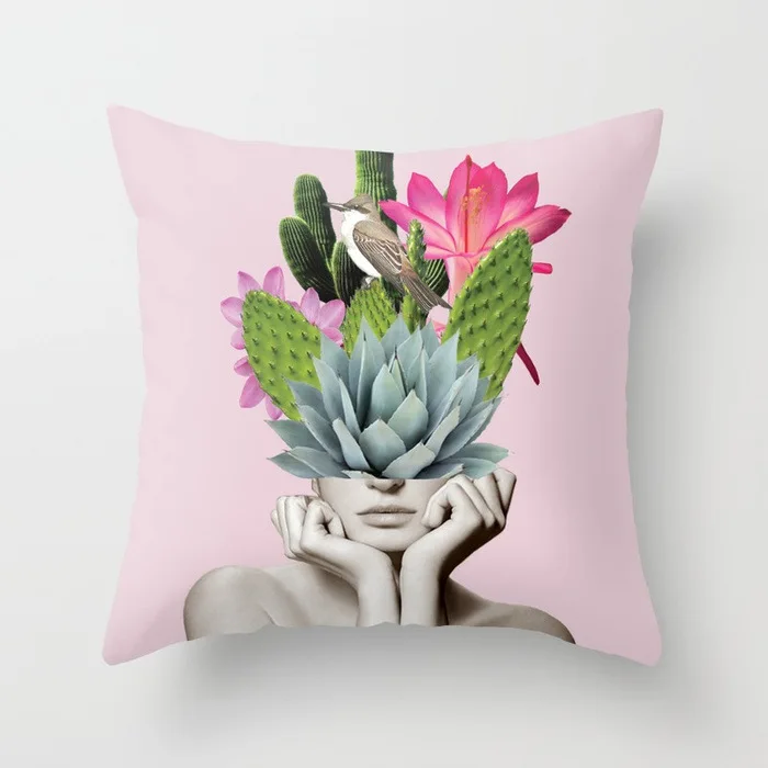 

New Style Printed Woman Flower Avatar Pillow Cover Home Sofa Office Pillow Case