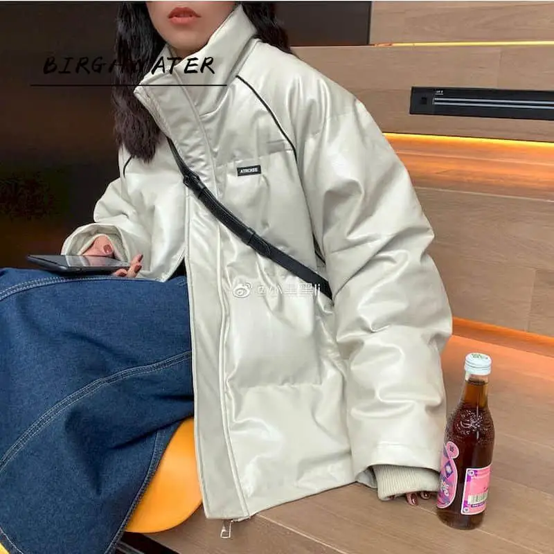 

Leather padded jacket winter lovers Hong Kong style handsome thick warm cotton jacket Oversize trend stand-up collar bread coat