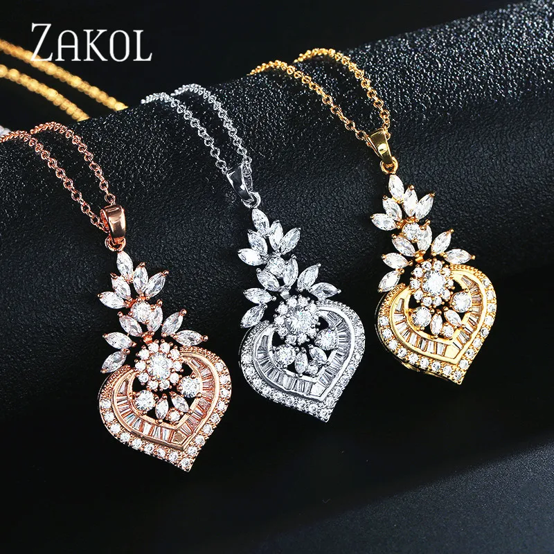 ZAKOL 3 цвета Роскошный большой маркиз сверкающий CZ цирконий цветок кулон и