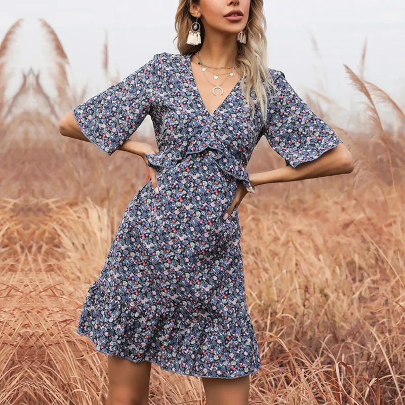 

Summer Bohemian Dress Women 2021 Ladies Floral Print Dresses Holiday Backless Dress Ruffles V neck Boho Dress Sexy Vestidos
