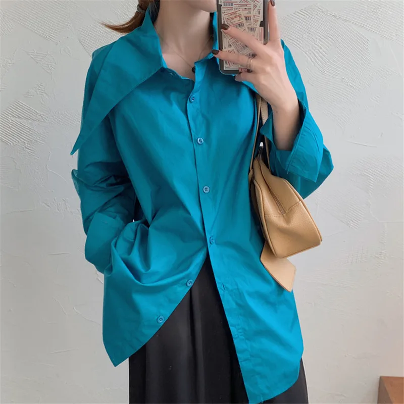 

2021 New Spring Autumn OL Elegant Minimalist Basic Shirt Women Blouses Vintage Loose Lapel Long Sleeve Candy Colors Tops